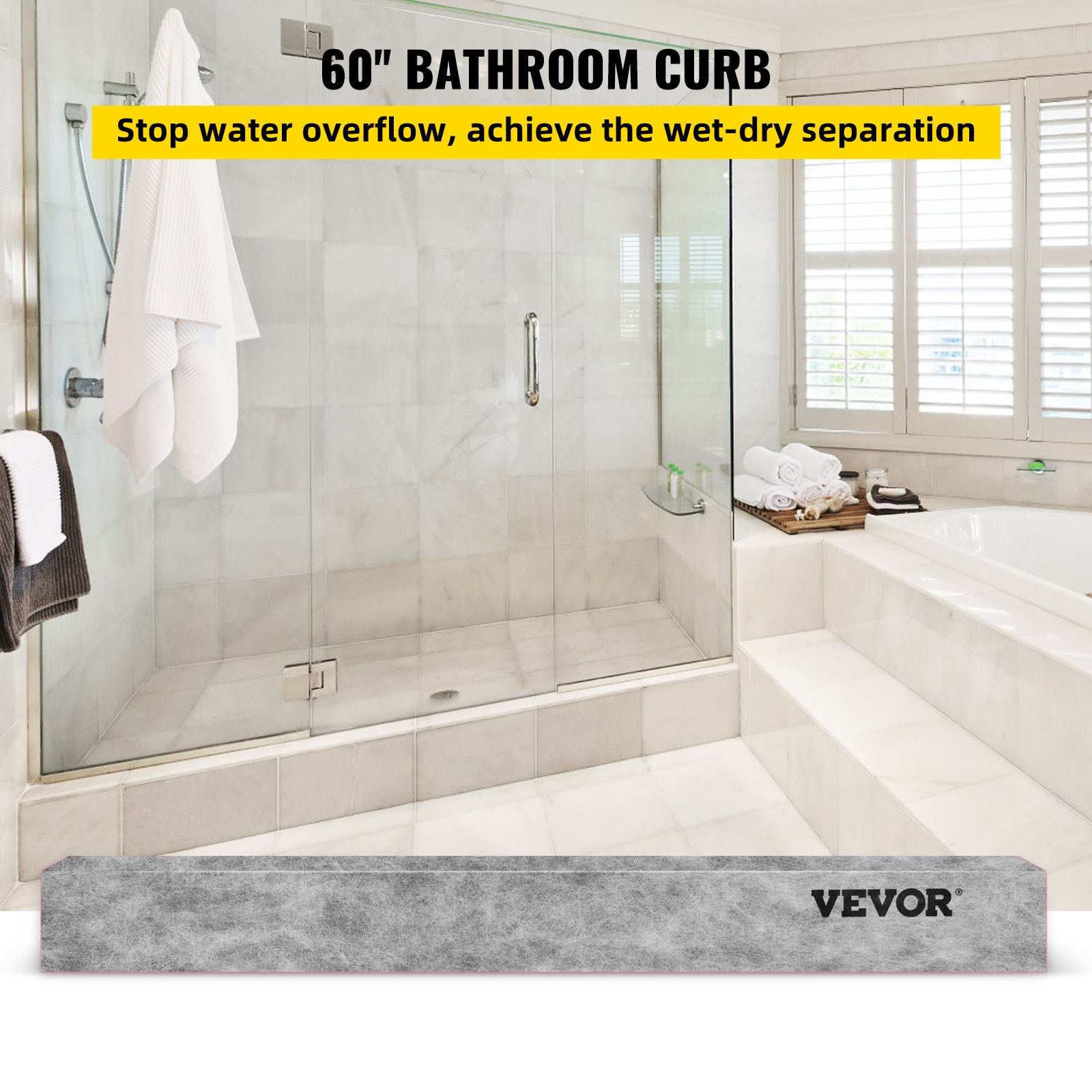 VEVOR shower curb for 60&quot; bathroom, stopping water overflow, achieving wet-dry separation.