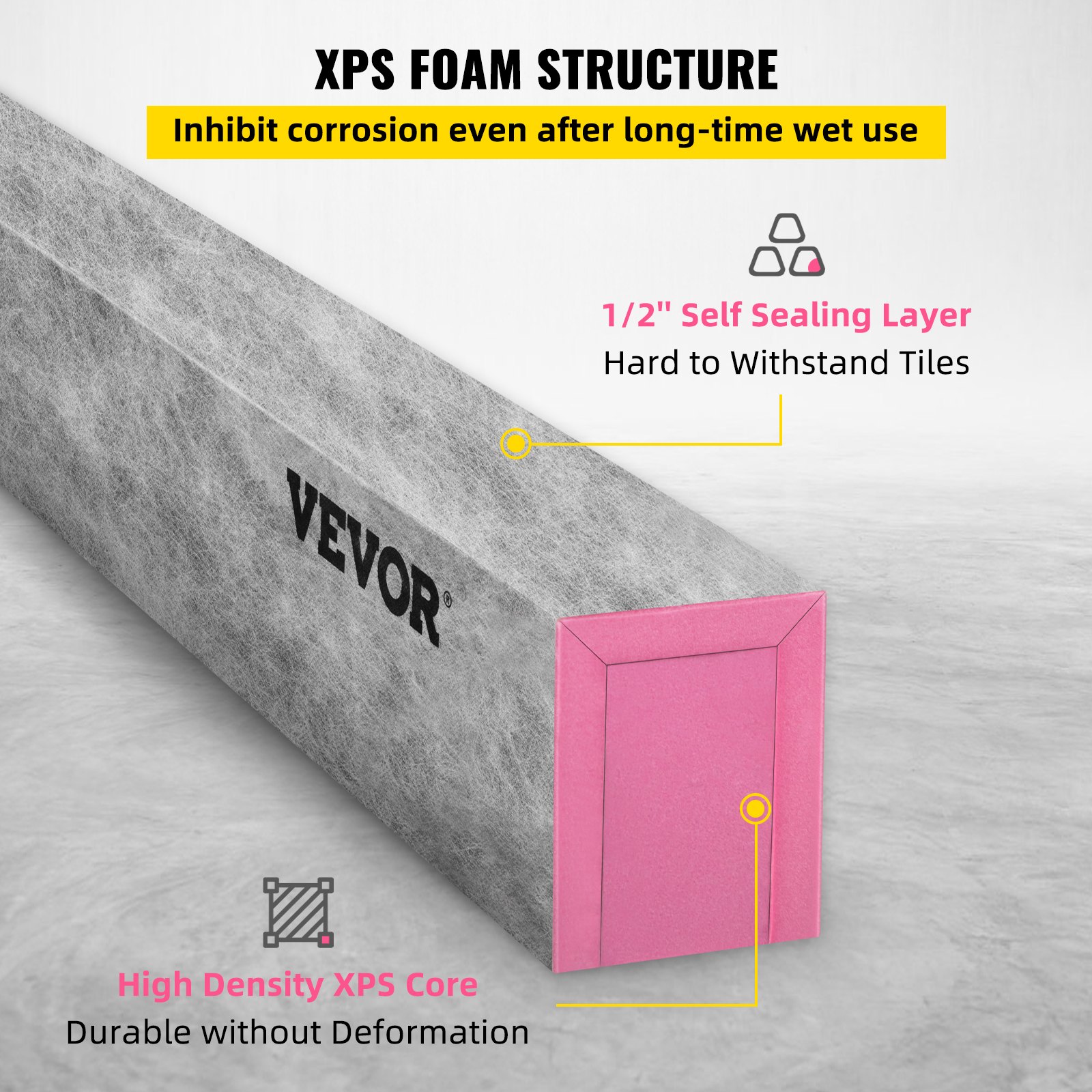 VEVOR shower curb with xps foam structure, 1/2&quot; self-sealing layer, and high-density xps core.