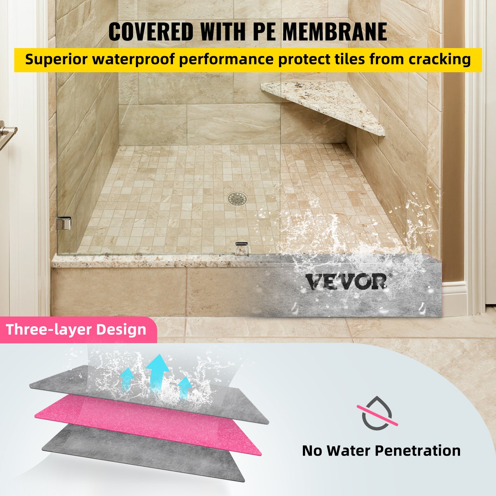 VEVOR shower curb with three-layer design, waterproof pe membrane, prevents water penetration.