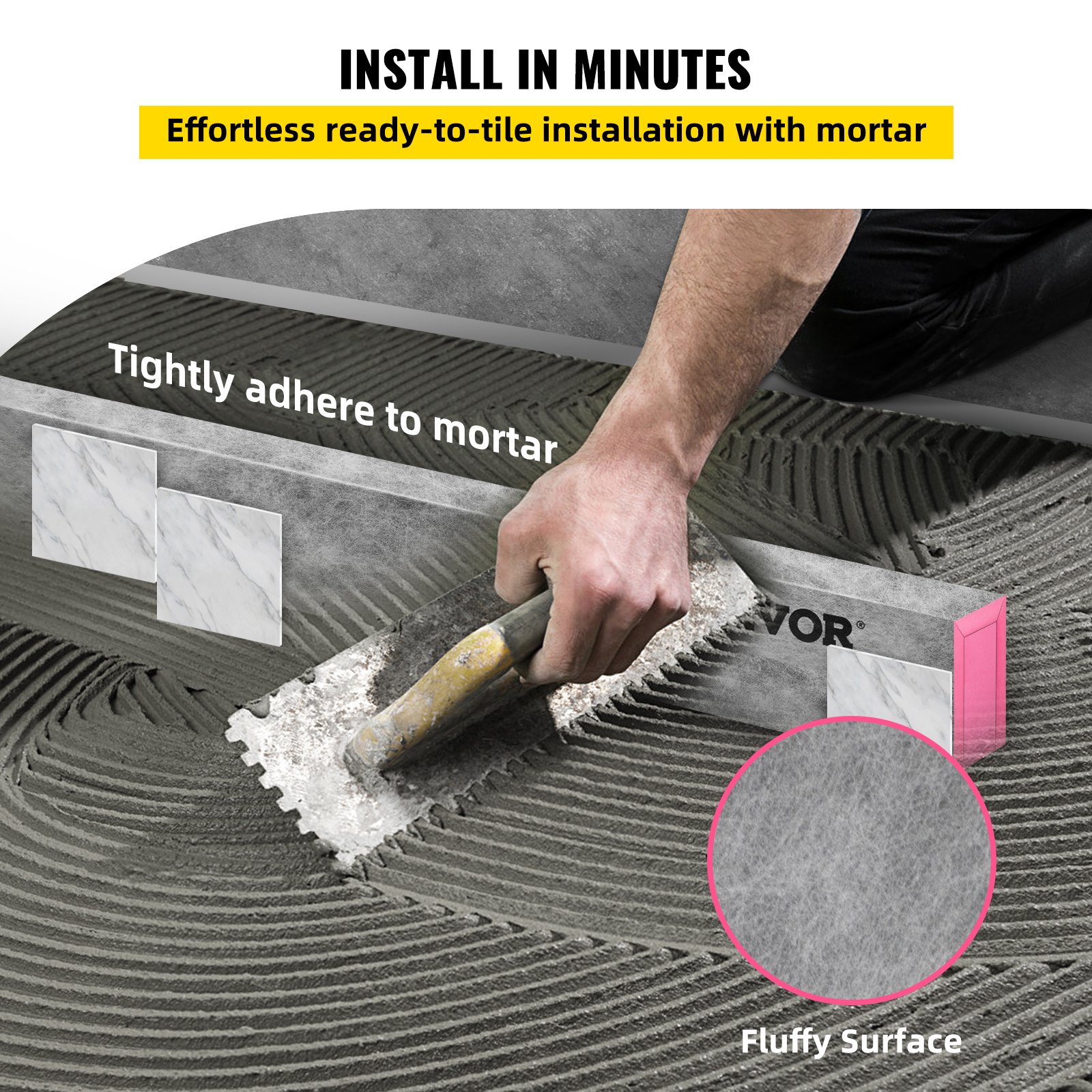 hand applying mortar for VEVOR shower curb installation with tile setup guide and fluffy surface detail.
