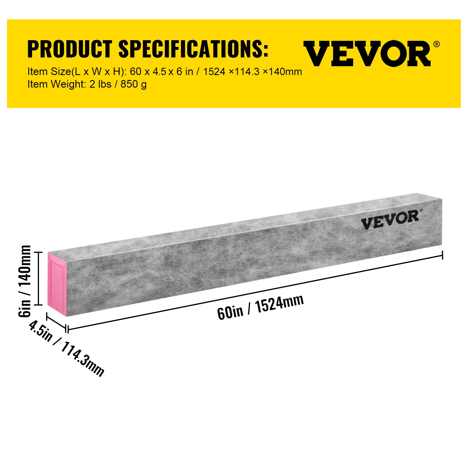 VEVOR shower curb, 60 x 4.5 x 6 in, gray with pink end. item weight: 2 lbs, specs on yellow background.