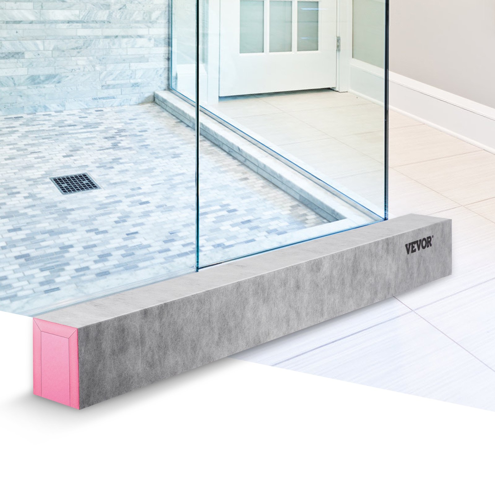 VEVOR shower curb in modern bathroom with glass door and tiled flooring.
