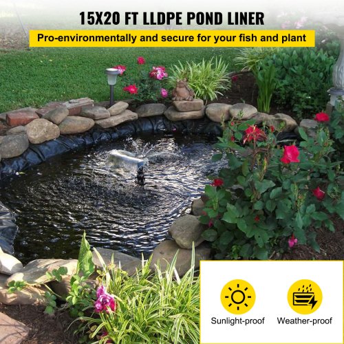 VEVOR LLDPE Pond Liner 15x20 ft, Pond Liner 20 Mil, Fish Pond Liners for Waterfall, Pond and Fish Ponds