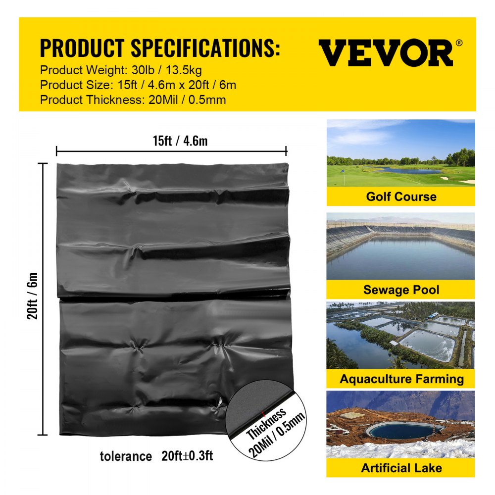 VEVOR LLDPE Pond Liner 4.6 m x 6 m, Pond Liner 20 Mil, Fish Pond Liners for Waterfall, Pond and Fish Ponds