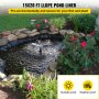 koi pond with VEVOR pond liner, surrounded by rocks, flowers, and greenery.