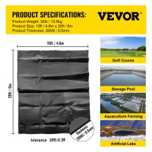 VEVOR LLDPE Pond Liner 15x20 ft, Pond Liner 20 Mil, Fish Pond Liners for Waterfall, Pond and Fish Ponds