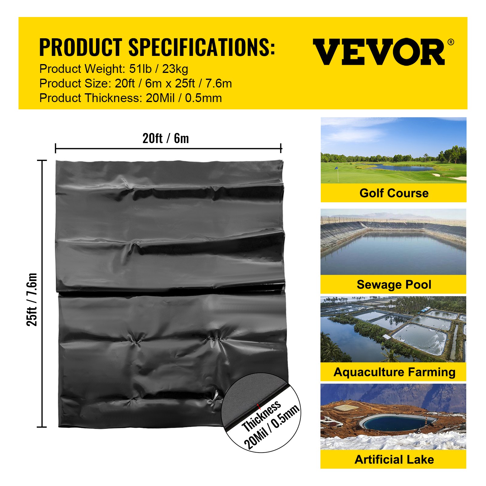 VEVOR LLDPE Pond Liner 6 x 7.6 m, Pond Liner 20 Mil, Fish Pond Liners for Waterfall, Pond and Fish Ponds