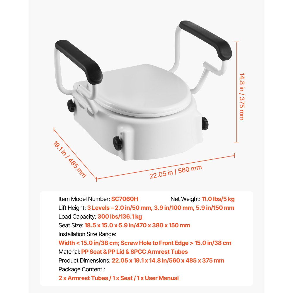 VEVOR Raised Toilet Seat with Arms, 300 lbs Load Capacity, 3-Level Adjustable Height, Widened Commode Elevated Toilet Seat Riser with Padded Handles for Seniors, Elderly, Handicap, Disabled, Adults