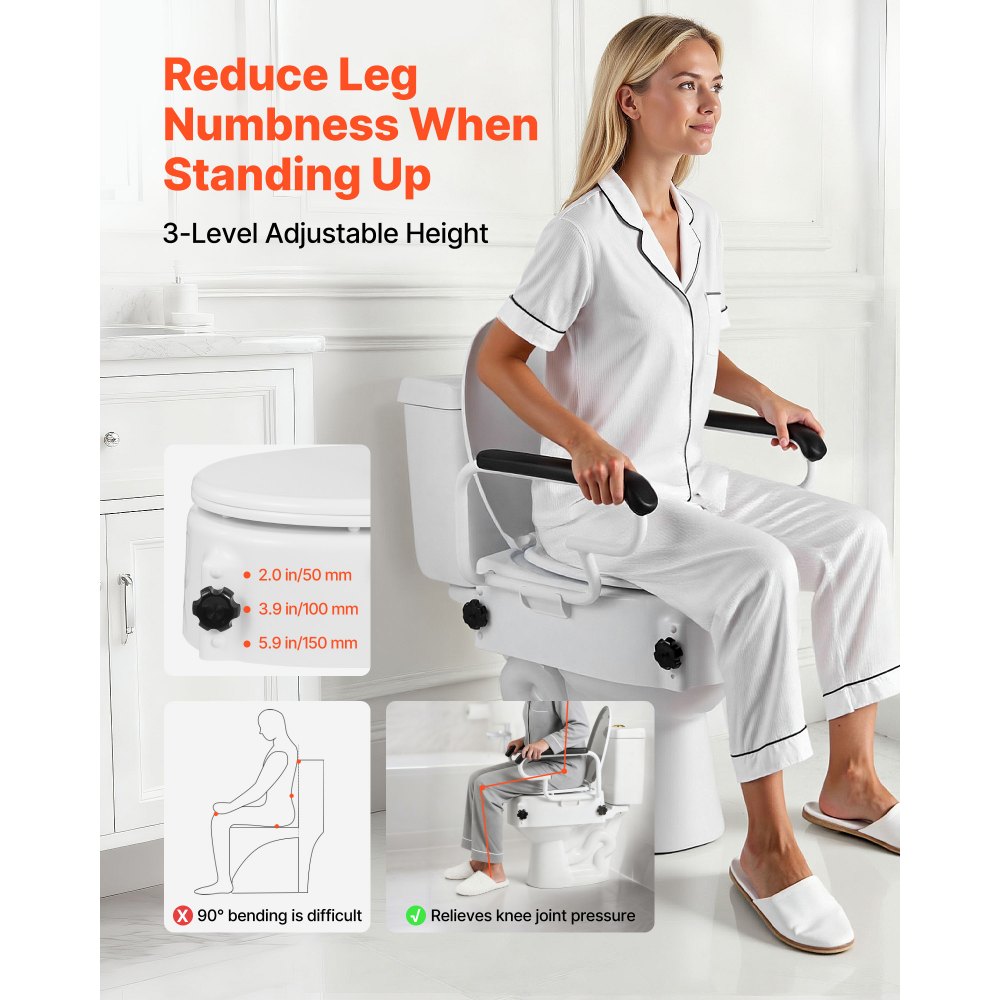 VEVOR Raised Toilet Seat with Arms, 300 lbs Load Capacity, 3-Level Adjustable Height, Widened Commode Elevated Toilet Seat Riser with Padded Handles for Seniors, Elderly, Handicap, Disabled, Adults