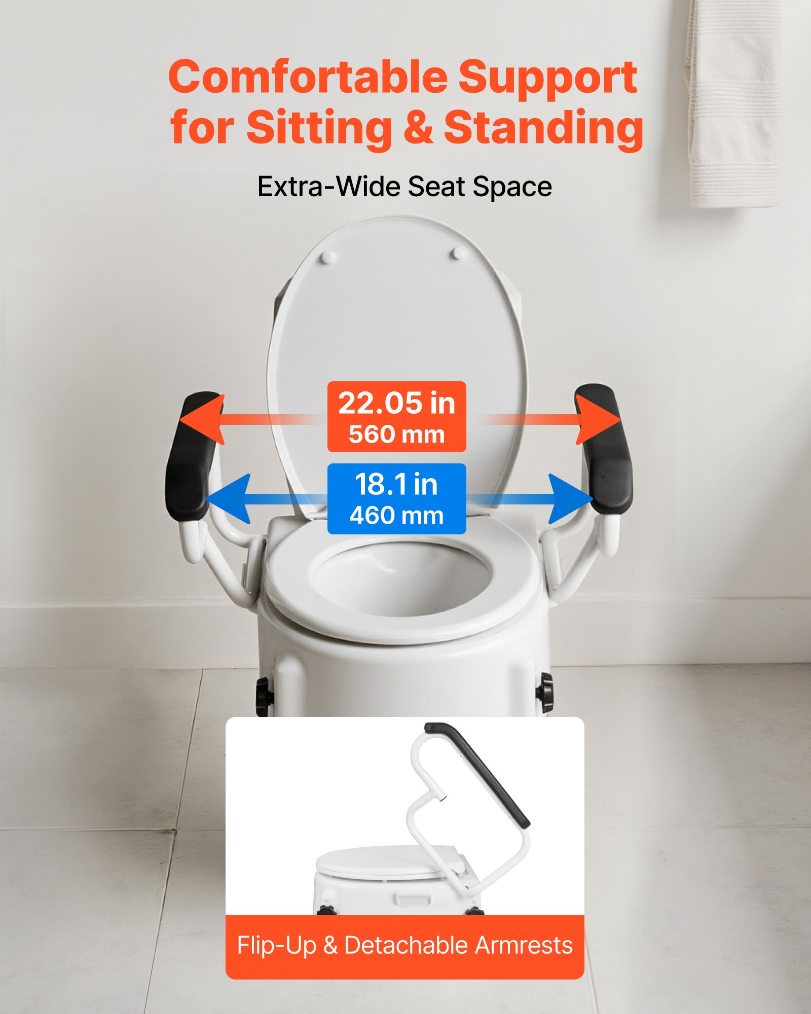 VEVOR Raised Toilet Seat with Arms, 136.1 kg Load Capacity, 3-Level Adjustable Height, Widened Commode Elevated Toilet Seat Riser with Padded Handles for Seniors, Elderly, Handicap, Disabled, Adults