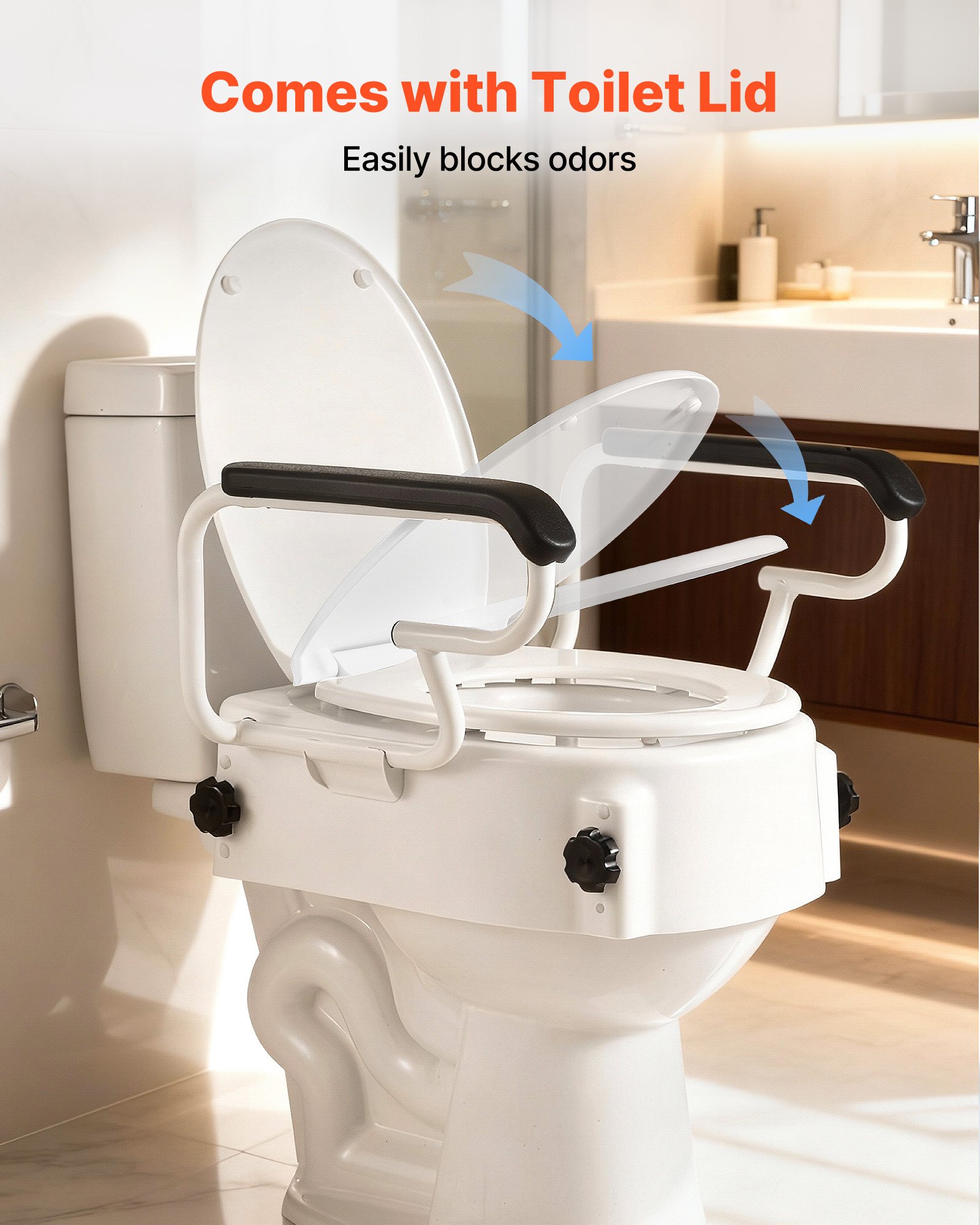 VEVOR Raised Toilet Seat with Arms, 300 lbs Load Capacity, 3-Level Adjustable Height, Widened Commode Elevated Toilet Seat Riser with Padded Handles for Seniors, Elderly, Handicap, Disabled, Adults