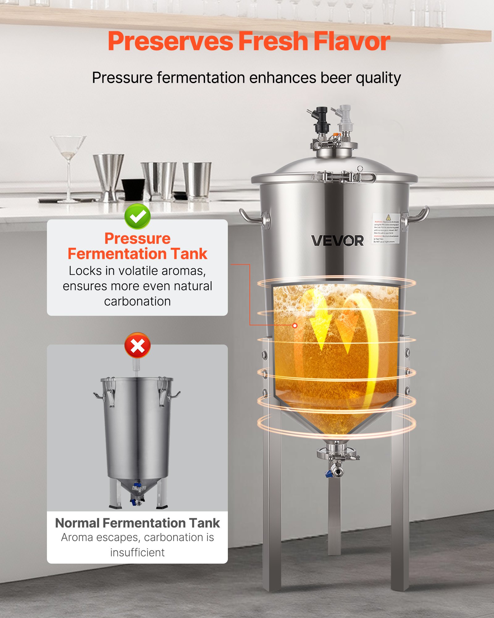 VEVOR Stainless Steel Conical Fermenter, 8 Gal/30L Home Brewing Fermenation Tank, Brew Bucket Fermentor with Conical Bottom, 3 Adjustable Legs, Lid, Handle & Thermometer, for Wine, Beer Fermentation