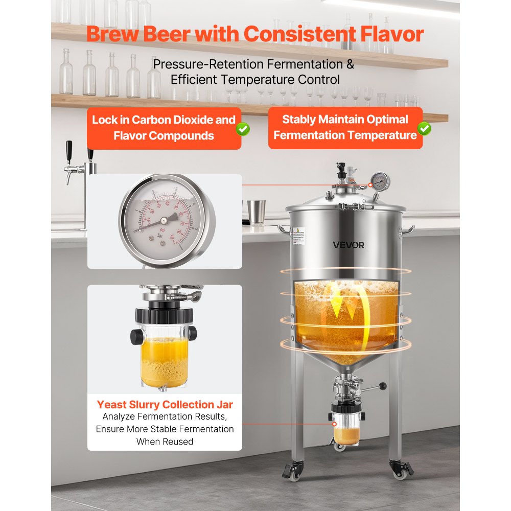 VEVOR Pressure Fermenter 15 PSI, 16 Gal/60L All-in-One Stainless Steel Conical Secondary Fermentation Bucket, with Cooling Tube, Yeast Slurry Collection Bottle, for Wine, Beer Brewing Equipment
