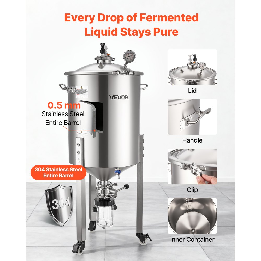 VEVOR Pressure Fermenter 15 PSI, 16 Gal/60L All-in-One Stainless Steel Conical Secondary Fermentation Bucket, with Cooling Tube, Yeast Slurry Collection Bottle, for Wine, Beer Brewing Equipment