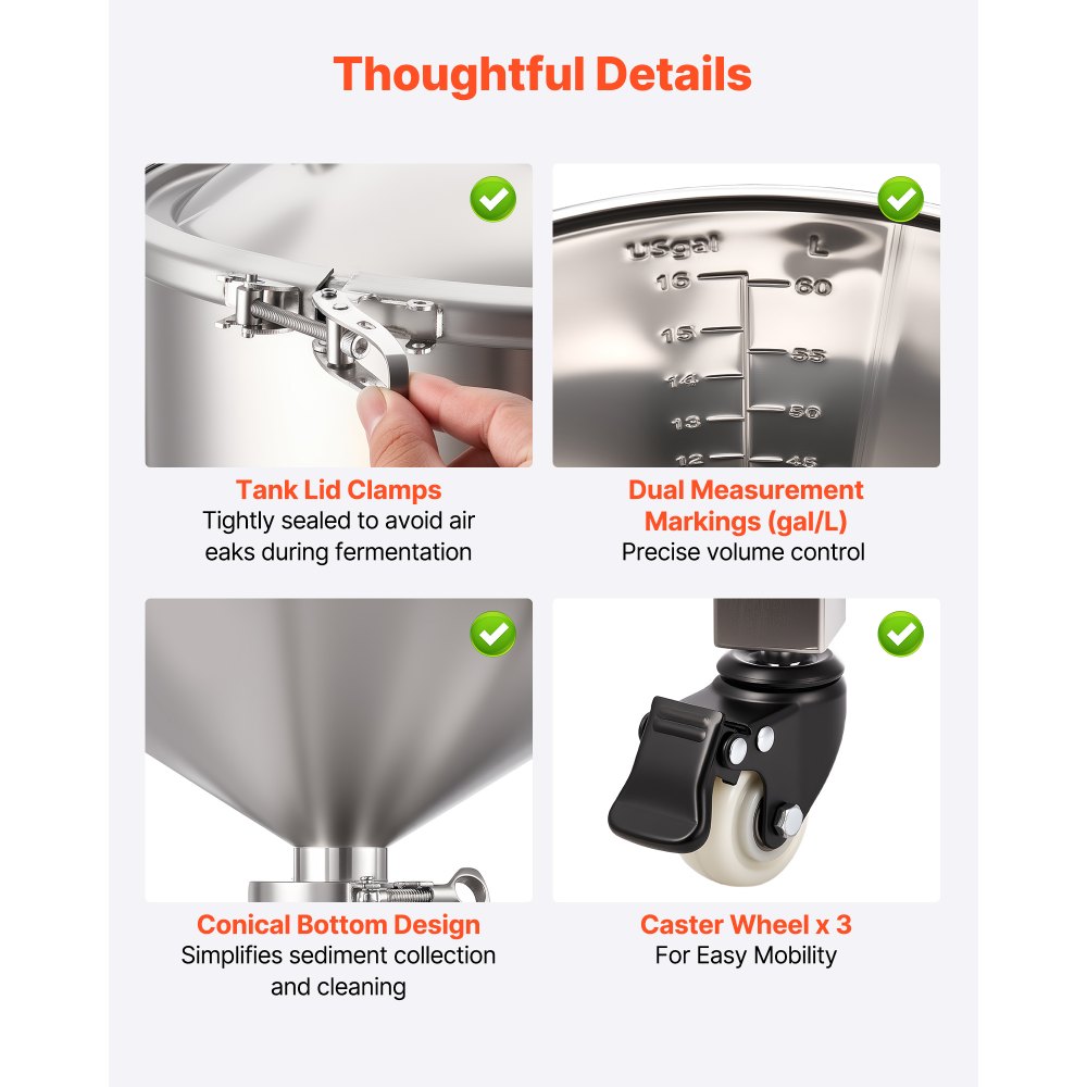 VEVOR Pressure Fermenter 15 PSI, 16 Gal/60L All-in-One Stainless Steel Conical Secondary Fermentation Bucket, with Cooling Tube, Yeast Slurry Collection Bottle, for Wine, Beer Brewing Equipment