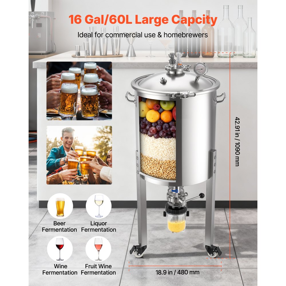 VEVOR Stainless Steel Conical Fermenter, 16 Gal/60L Home Brewing Fermenation Tank, Brew Bucket Fermentor with Conical Bottom, 3 Caster Wheels, Lid, Handle & Thermometer, for Wine, Beer Fermentation
