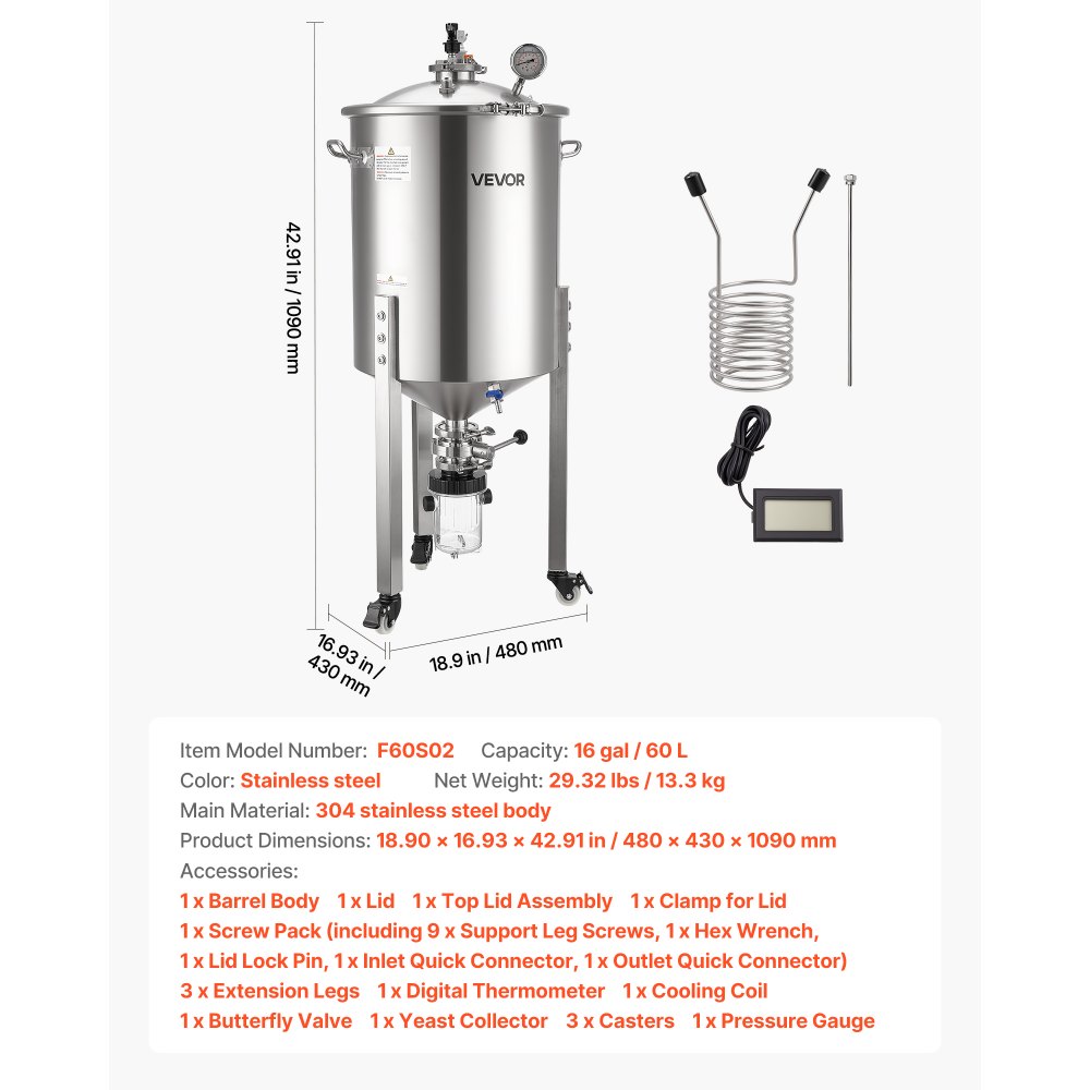 VEVOR Stainless Steel Conical Fermenter, 16 Gal/60L Home Brewing Fermenation Tank, Brew Bucket Fermentor with Conical Bottom, 3 Caster Wheels, Lid, Handle & Thermometer, for Wine, Beer Fermentation