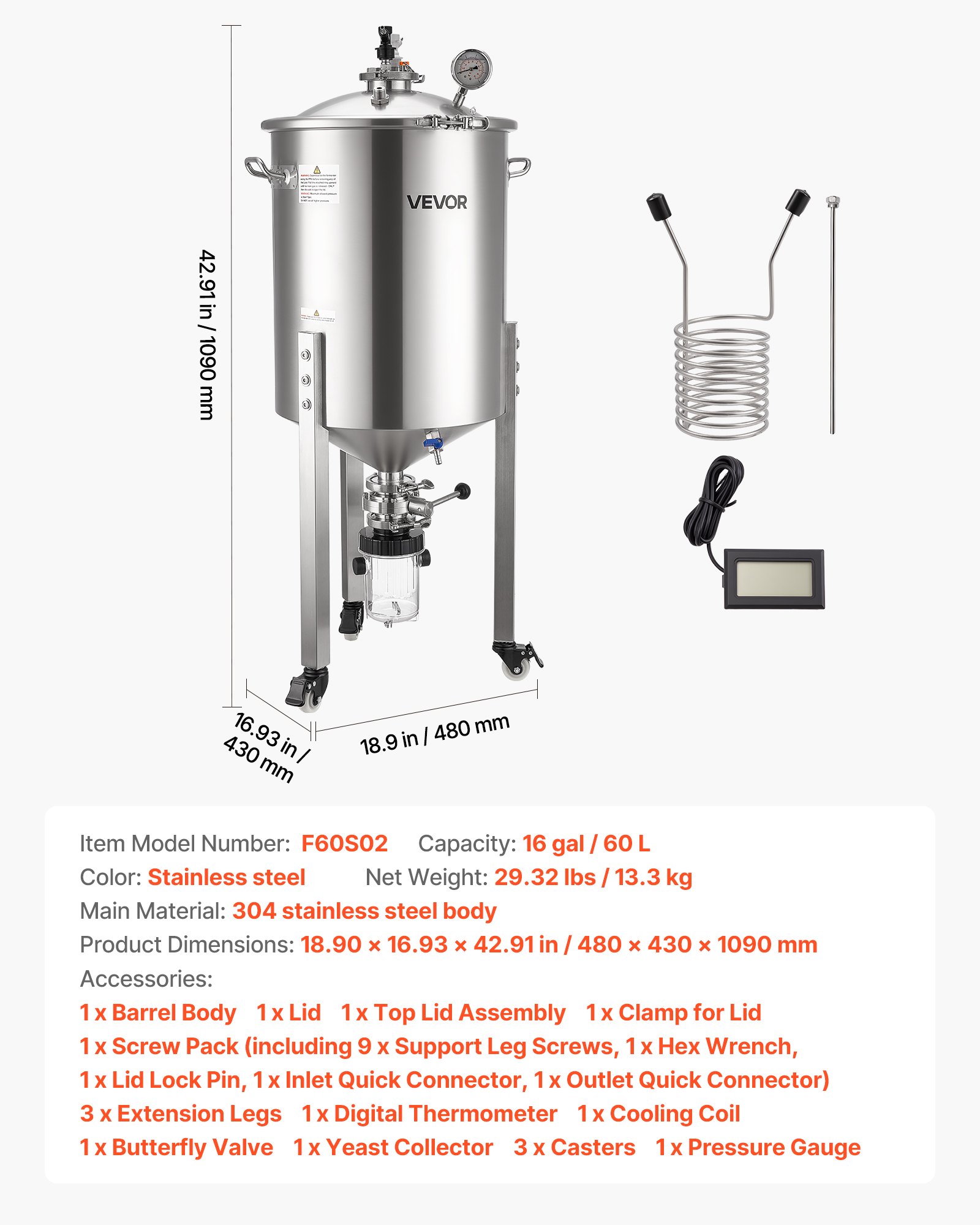 VEVOR Pressure Fermenter 15 PSI, 16 Gal/60L All-in-One Stainless Steel Conical Secondary Fermentation Bucket, with Cooling Tube, Yeast Slurry Collection Bottle, for Wine, Beer Brewing Equipment