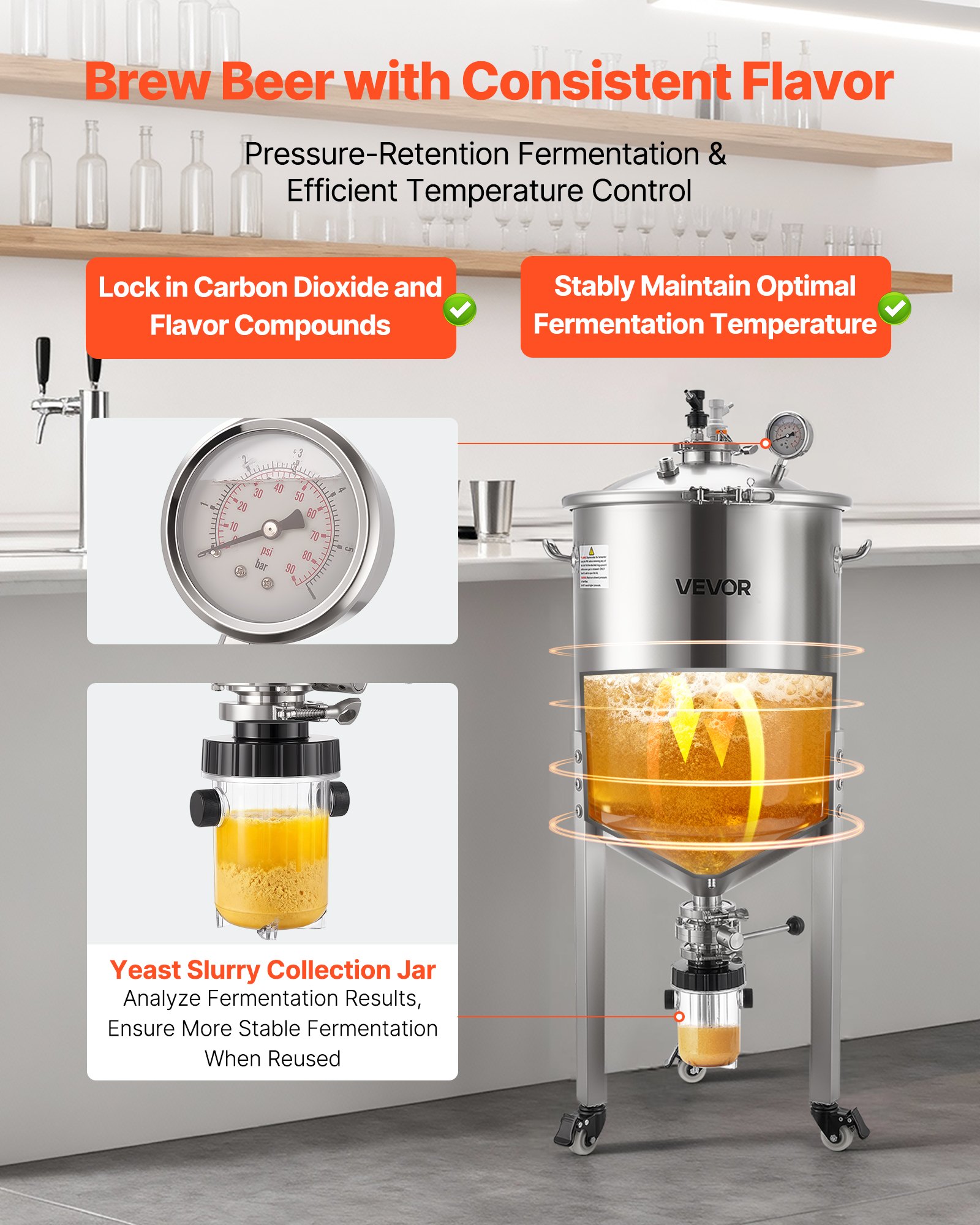 VEVOR Stainless Steel Conical Fermenter, 16 Gal/60L Home Brewing Fermenation Tank, Brew Bucket Fermentor with Conical Bottom, 3 Caster Wheels, Lid, Handle & Thermometer, for Wine, Beer Fermentation