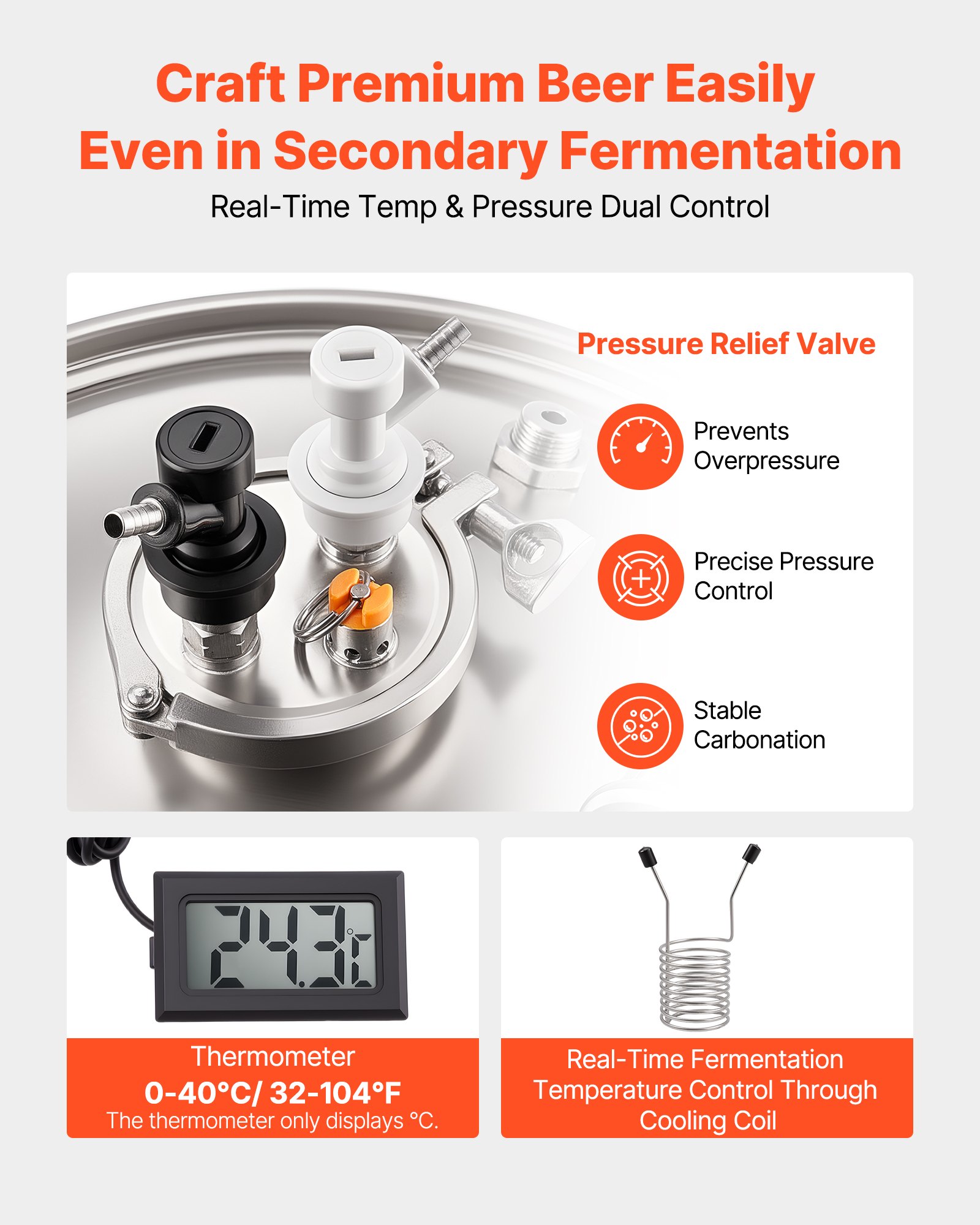 VEVOR Stainless Steel Conical Fermenter, 16 Gal/60L Home Brewing Fermenation Tank, Brew Bucket Fermentor with Conical Bottom, 3 Caster Wheels, Lid, Handle & Thermometer, for Wine, Beer Fermentation