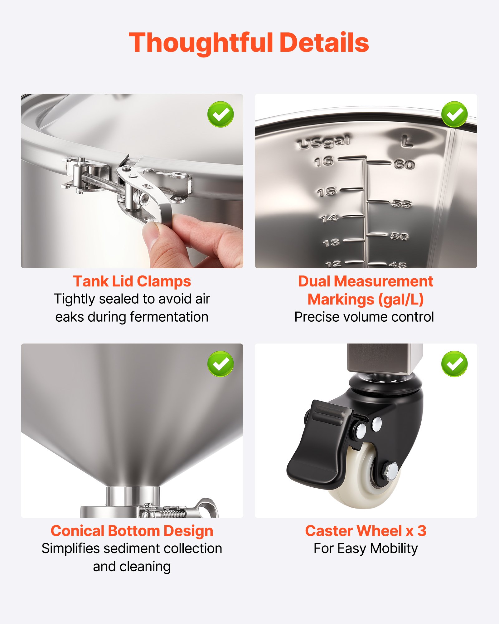 VEVOR Stainless Steel Conical Fermenter, 16 Gal/60L Home Brewing Fermenation Tank, Brew Bucket Fermentor with Conical Bottom, 3 Caster Wheels, Lid, Handle & Thermometer, for Wine, Beer Fermentation