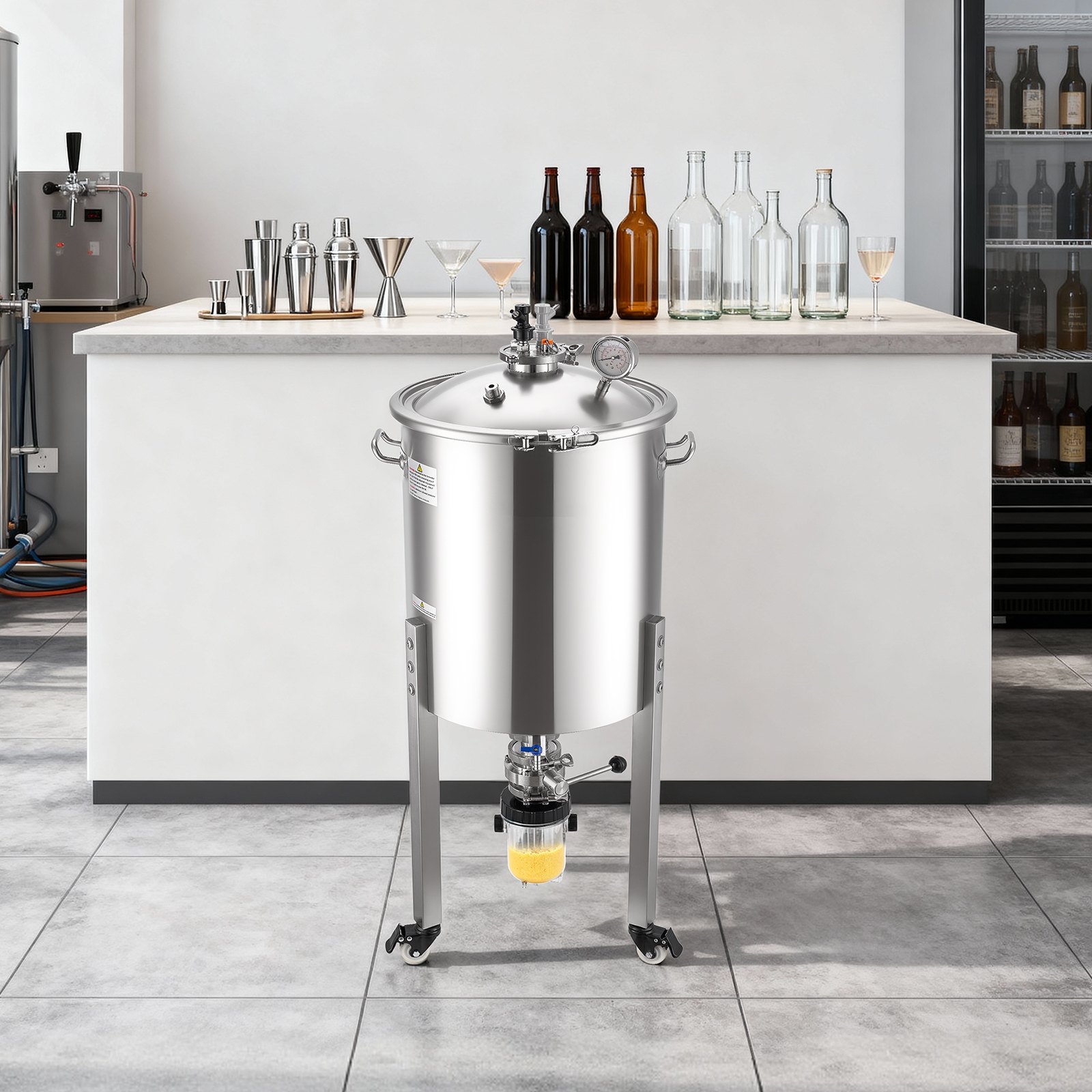 VEVOR Stainless Steel Conical Fermenter, 16 Gal/60L Home Brewing Fermenation Tank, Brew Bucket Fermentor with Conical Bottom, 3 Caster Wheels, Lid, Handle & Thermometer, for Wine, Beer Fermentation