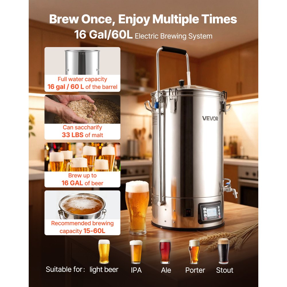 VEVOR Electric Brewing System, 16 Gal/60L Brewing Pot, 3000W Power All-in-One Home Beer Brewer with Recipe Memory, Auto/Manual Mode Mash Boil Device with Control Panel, 25-100℃ Temp & 1-180 min Timer