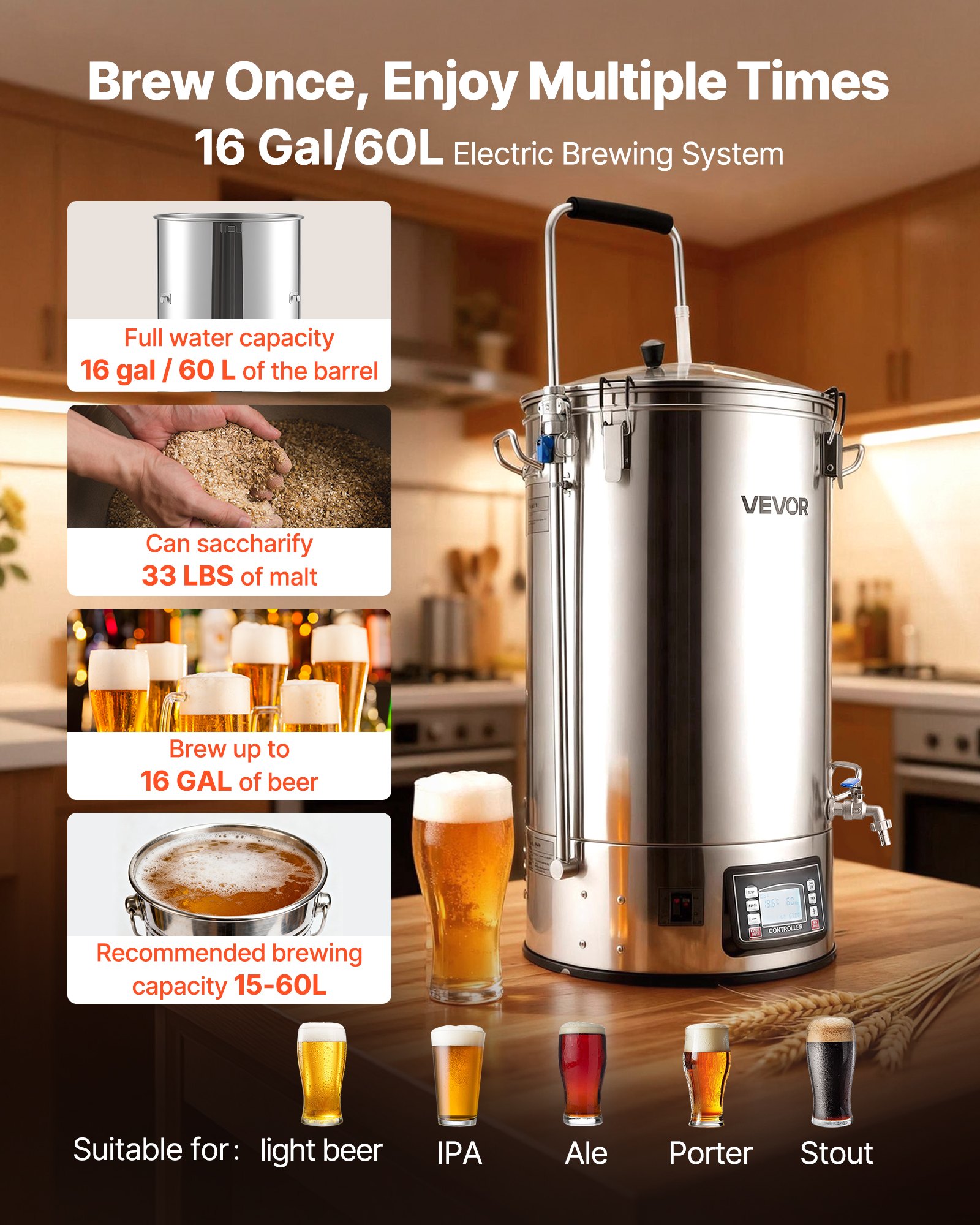 VEVOR Electric Brewing System, 16 Gal/60L Brewing Pot, 3000W Power All-in-One Home Beer Brewer with Recipe Memory, Auto/Manual Mode Mash Boil Device with Control Panel, 25-100℃ Temp & 1-180 min Timer