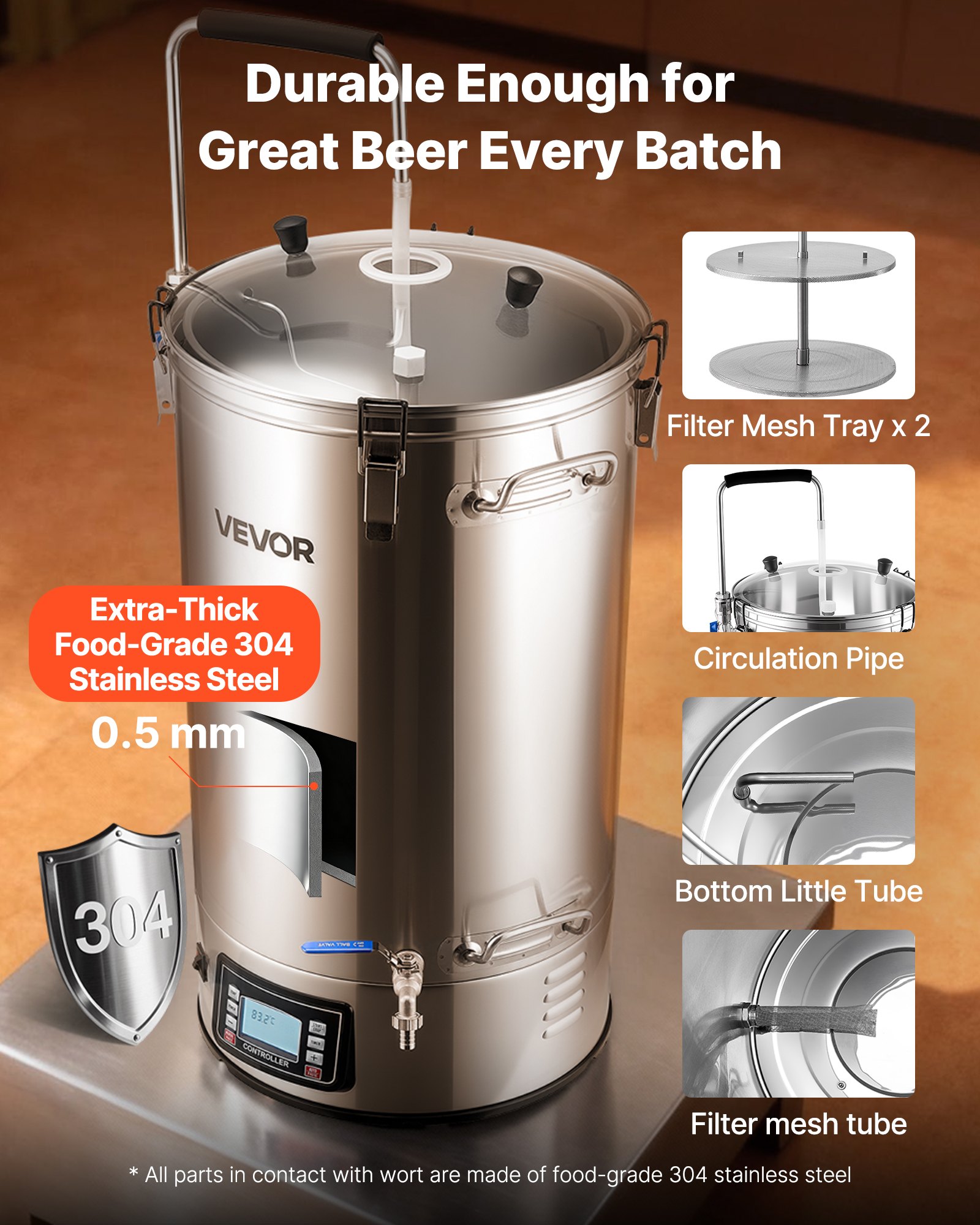 VEVOR Electric Brewing System, 16 Gal/60L Brewing Pot, 3000W Power All-in-One Home Beer Brewer with Recipe Memory, Auto/Manual Mode Mash Boil Device with Control Panel, 25-100℃ Temp & 1-180 min Timer