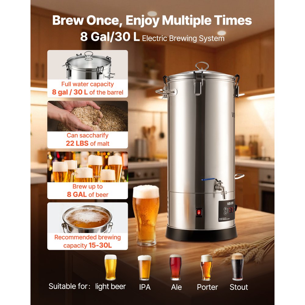 VEVOR Electric Brewing System, 8 Gal/30L Brewing Pot Home Beer Brewer, 304 Stainless Steel Body, Mash Boil Device with Integrated Inner Barrel & Reinforced Handle, 25-100℃ Temp