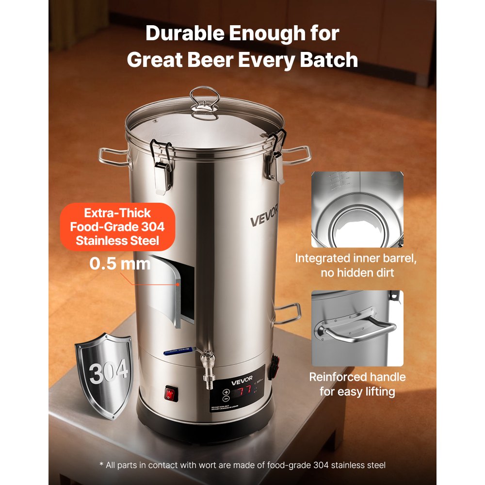 VEVOR Electric Brewing System, 8 Gal/30L Brewing Pot Home Beer Brewer, 304 Stainless Steel Body, Mash Boil Device with Integrated Inner Barrel & Reinforced Handle, 25-100℃ Temp