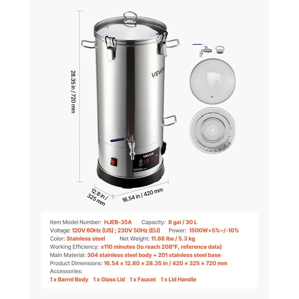 VEVOR Electric Brewing System, 8 Gal/30L Brewing Pot Home Beer Brewer, 304 Stainless Steel Body, Mash Boil Device with Integrated Inner Barrel & Reinforced Handle, 25-100℃ Temp