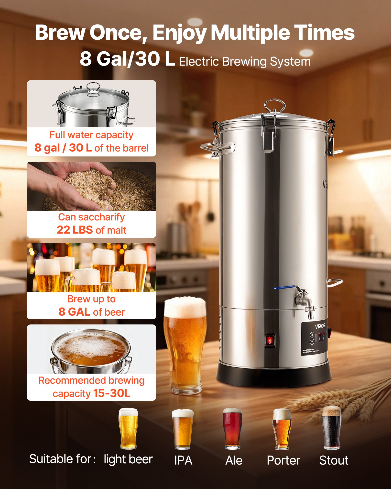 VEVOR Electric Brewing System, 8 Gal/30L Brewing Pot Home Beer Brewer, 304 Stainless Steel Body, Mash Boil Device with Integrated Inner Barrel & Reinforced Handle, 25-100℃ Temp
