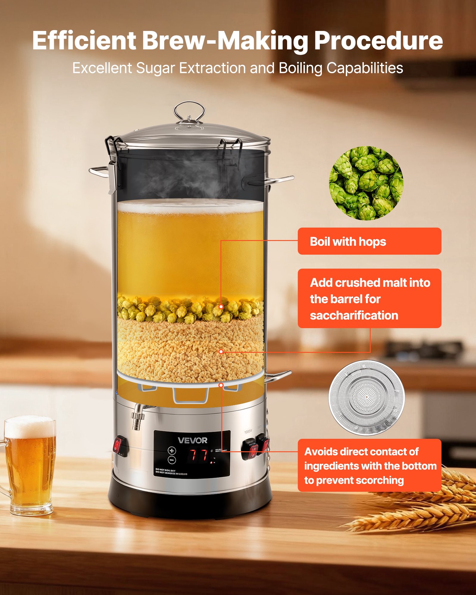 VEVOR Electric Brewing System, 8 Gal/30L Brewing Pot Home Beer Brewer, 304 Stainless Steel Body, Mash Boil Device with Integrated Inner Barrel & Reinforced Handle, 25-100℃ Temp