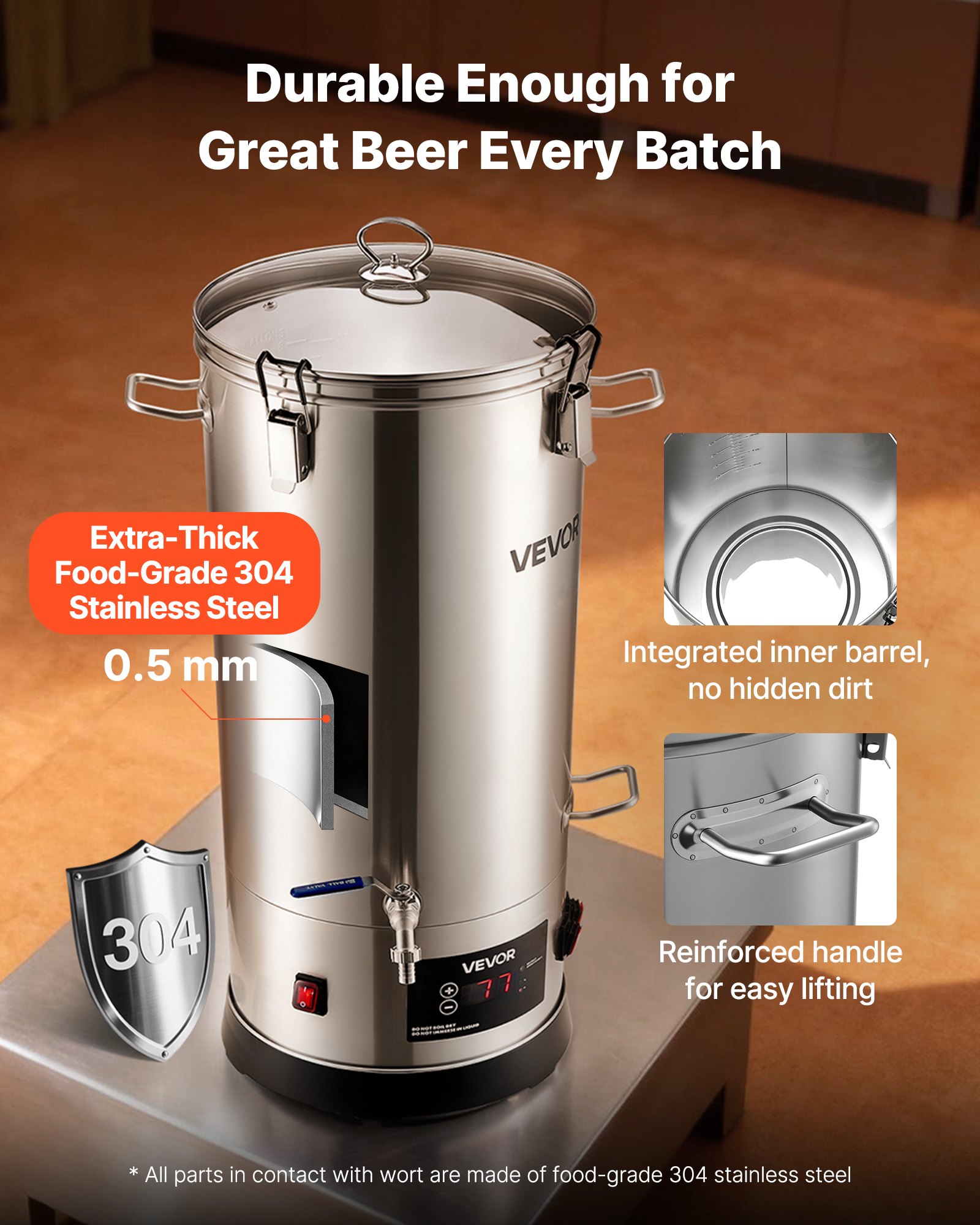 VEVOR Electric Brewing System, 8 Gal/30L Brewing Pot Home Beer Brewer, 304 Stainless Steel Body, Mash Boil Device with Integrated Inner Barrel & Reinforced Handle, 25-100℃ Temp