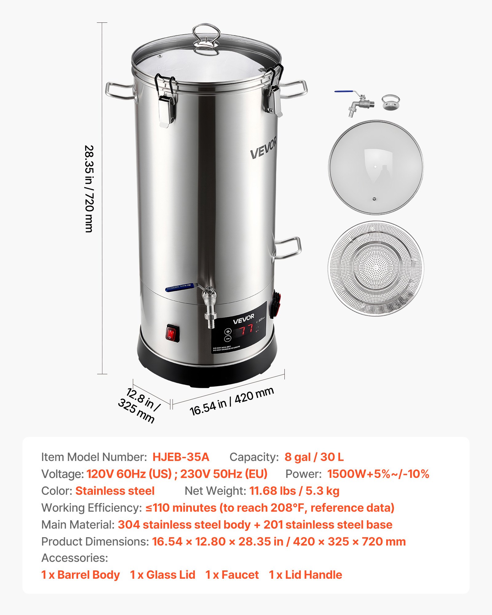 VEVOR Electric Brewing System, 8 Gal/30L Brewing Pot Home Beer Brewer, 304 Stainless Steel Body, Mash Boil Device with Integrated Inner Barrel & Reinforced Handle, 25-100℃ Temp