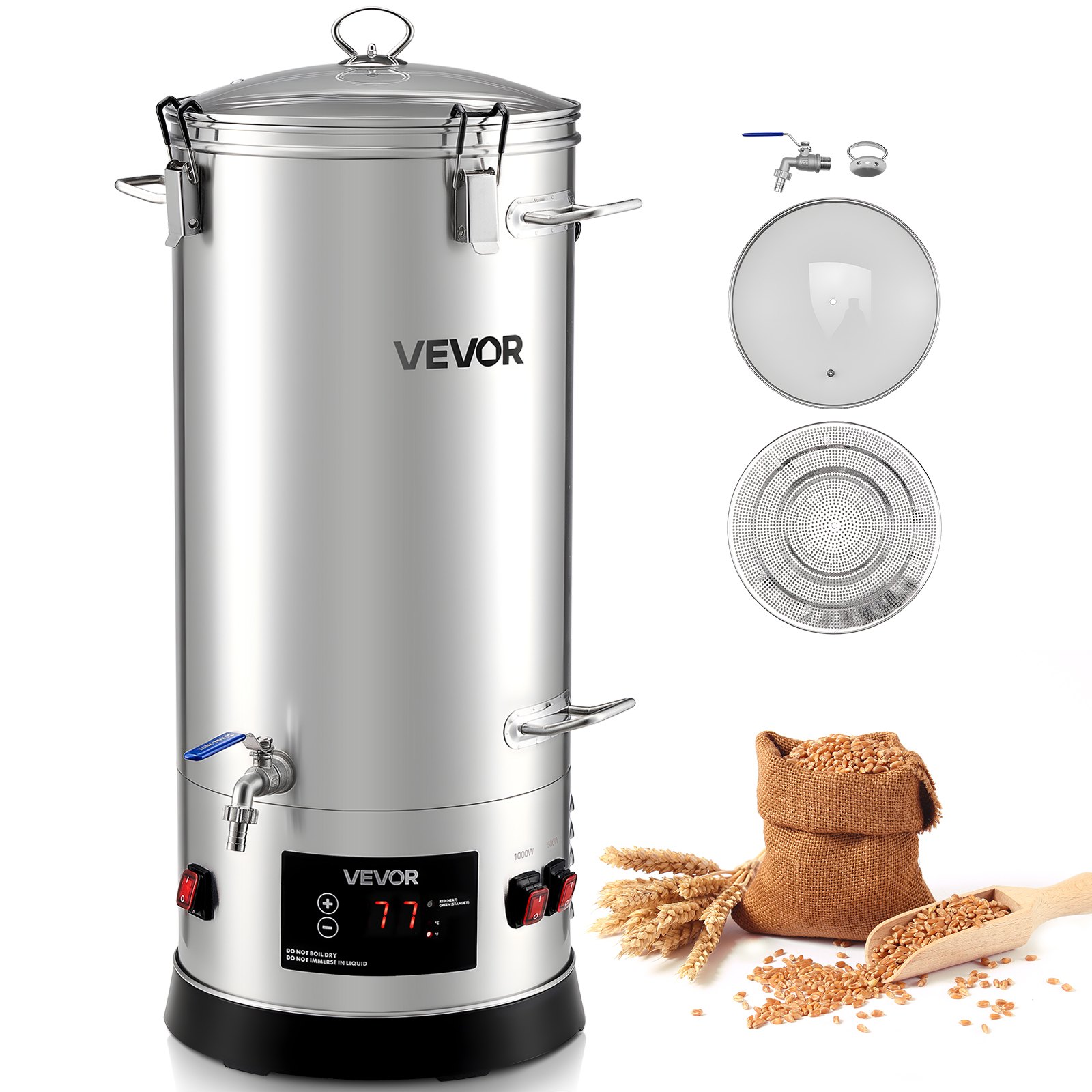 VEVOR Electric Brewing System, 8 Gal/30L Brewing Pot Home Beer Brewer, 304 Stainless Steel Body, Mash Boil Device with Integrated Inner Barrel & Reinforced Handle, 25-100℃ Temp