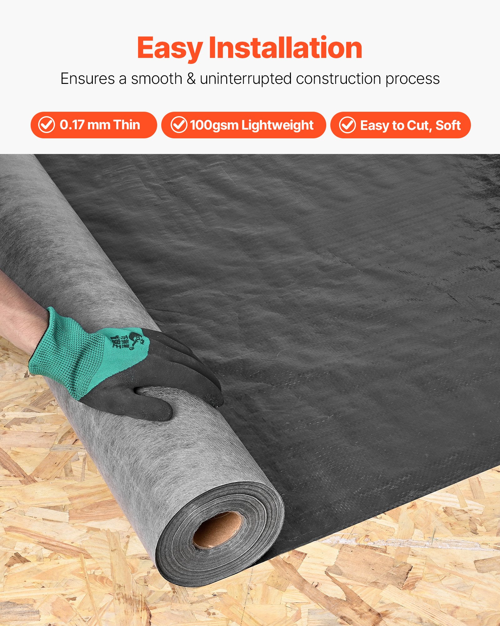 VEVOR House Wrap, 1220 x 76200 mm, 0.17 mm Thick Vapor Barrier, Heavy Duty Plastic Sheeting for Tear-resistant, Drop Cloth Vapor Barrier Covering for Residential & Commercial Construction, Black