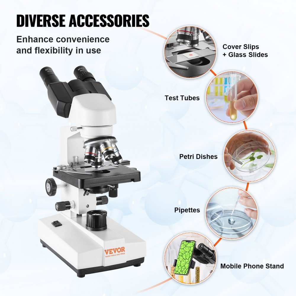 VEVOR Binocular Compound Microscope, 40X-2500X Magnification, Binocular Compound Lab Microscope with LED Illumination, Two-Layer Mechanical Stage, Includes Phone Holder & Microscope Slides