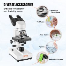 VEVOR Microscopio compuesto binocular, aumento 40X-2500X, microscopio de laboratorio compuesto binocular con iluminación LED, etapa mecánica de dos capas, incluye soporte para teléfono y diapositivas de microscopio