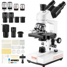 Microscopio trinocular compuesto VEVOR, microscopio de laboratorio compuesto trinocular de aumento 40X-5000X con etapa mecánica de dos capas, iluminación LED, interfaz externa y portaobjetos de microscopio incluidos