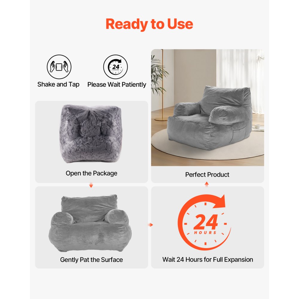 VEVOR Bean Bag Chair, BeanBag Sofa Chair with Armrests for Adults, Fluffy Plush & High-Density Foam Filling Adult Bean Bag with Zapper, Comfy Lazy Sofa Chair Ideal for Living Room, Bedroom, Grey