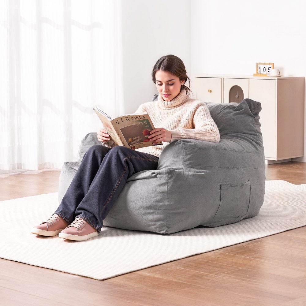 VEVOR Bean Bag Chair, BeanBag Sofa Chair with Armrests for Adults, Fluffy Plush & High-Density Foam Filling Adult Bean Bag with Zapper, Comfy Lazy Sofa Chair Ideal for Living Room, Bedroom, Grey