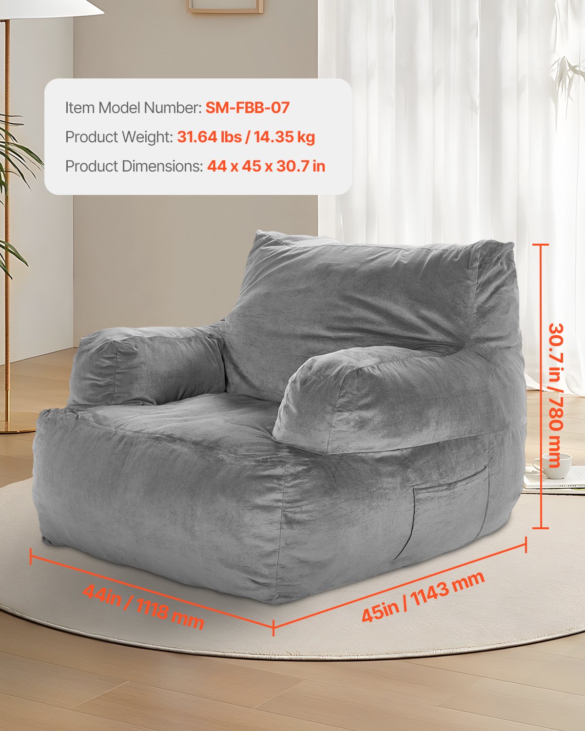 VEVOR Bean Bag Chair, BeanBag Sofa Chair with Armrests for Adults, Fluffy Plush & High-Density Foam Filling Adult Bean Bag with Zapper, Comfy Lazy Sofa Chair Ideal for Living Room, Bedroom, Grey