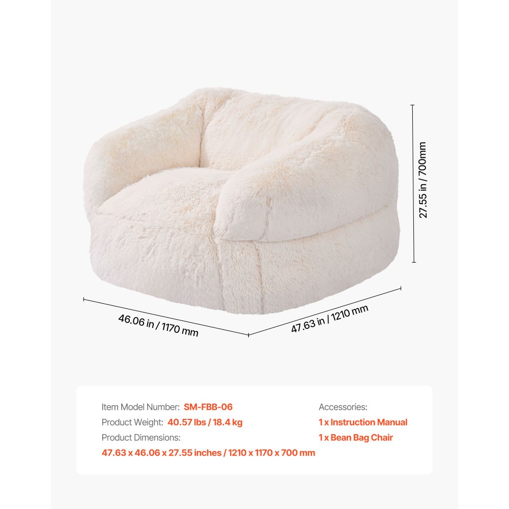 VEVOR Bean Bag Chair, BeanBag Sofa Chair with Armrests for Adults, Fluffy Plush & High-Density Foam Filling Adult Bean Bag with Zapper, Comfy Lazy Sofa Chair Ideal for Living Room, Bedroom, Beige