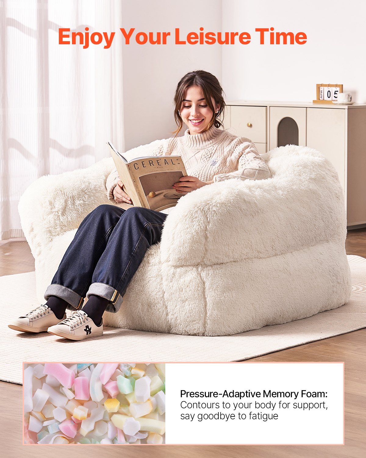 VEVOR Bean Bag Chair, BeanBag Sofa Chair with Armrests for Adults, Fluffy Plush & High-Density Foam Filling Adult Bean Bag with Zapper, Comfy Lazy Sofa Chair Ideal for Living Room, Bedroom, Beige