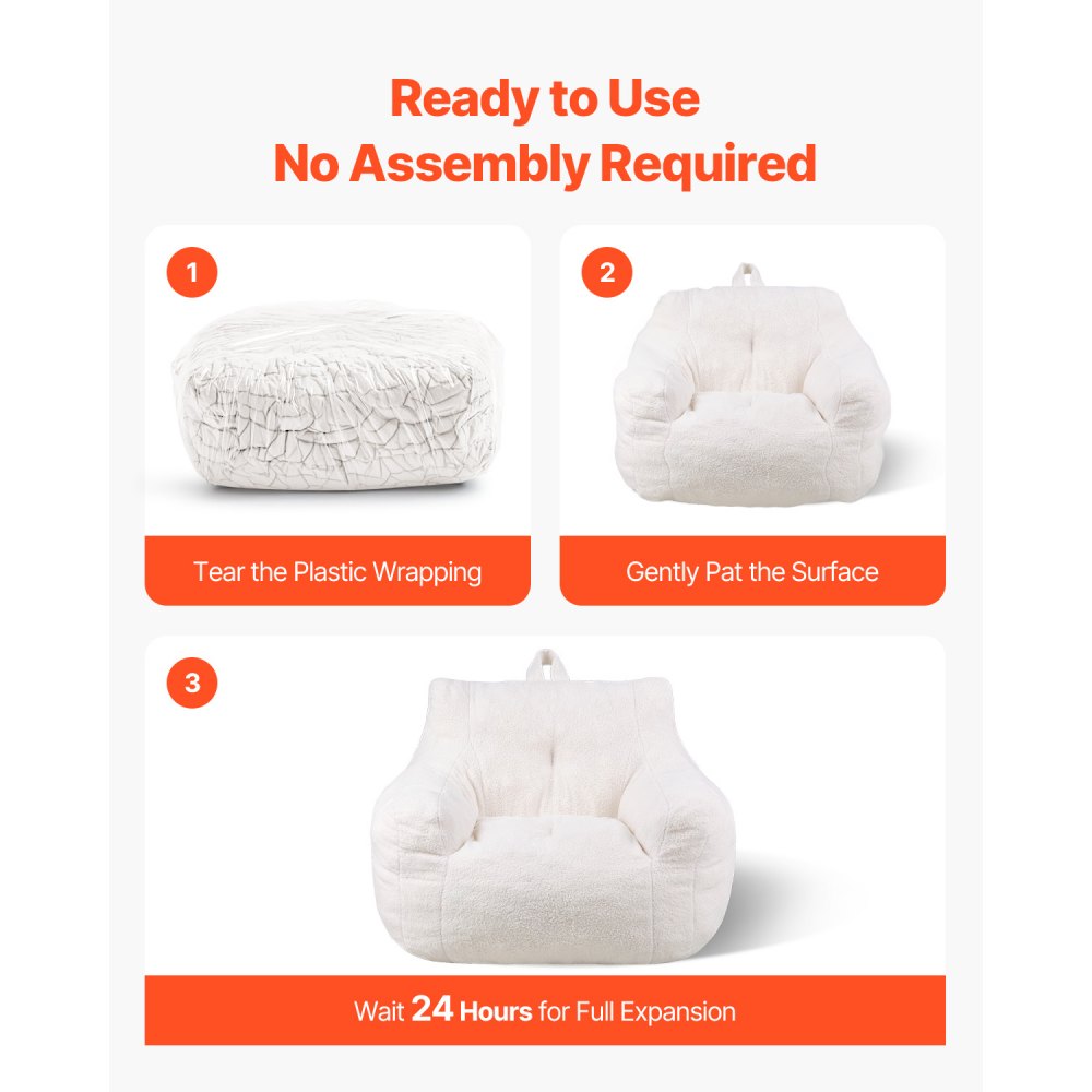 VEVOR Bean Bag Chair, 3 feet Bean Bag Chair with Soft Armrests and Storage Pocket, 25D Memory Foam Filled with Soft Teddy Velvet Cover, Bean Bag for Bedroom or Playroom, White