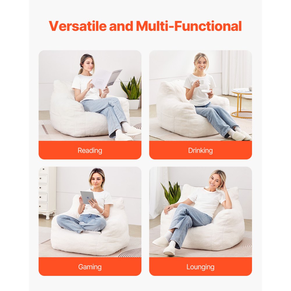 VEVOR Bean Bag Chair, 91 cm Bean Bag Chair with Soft Armrests and Storage Pocket, 25D Memory Foam Filled with Soft Teddy Velvet Cover, Bean Bag for Bedroom or Playroom, White