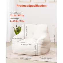 VEVOR 3 feet Bean Bag Chair with Soft Armrests and Storage Pocket White