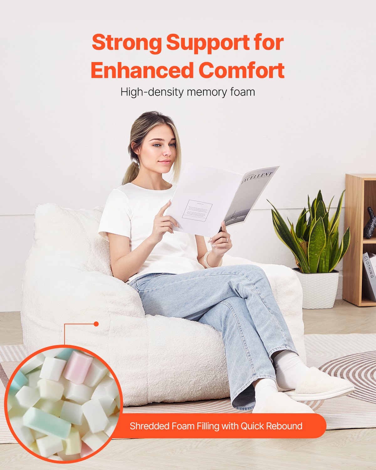 VEVOR Bean Bag Chair, 3 feet Bean Bag Chair with Soft Armrests and Storage Pocket, 25D Memory Foam Filled with Soft Teddy Velvet Cover, Bean Bag for Bedroom or Playroom, White